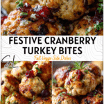 Plate of golden cranberry turkey stuffing balls served with gravy and fresh herbs. 2